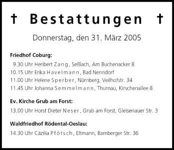 Anzeige von Bestattungen vom 31.03.2005 von MGO