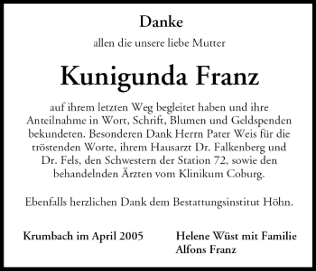 Anzeige von Kunigunda Franz von MGO