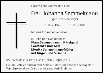 Anzeige von Johanna Semmelmann von MGO