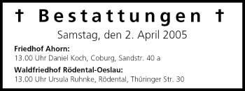 Anzeige von Bestattungen vom 02.04.2005 von MGO