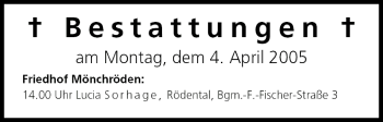 Anzeige von Bestattungen vom 04.04.2005 von MGO