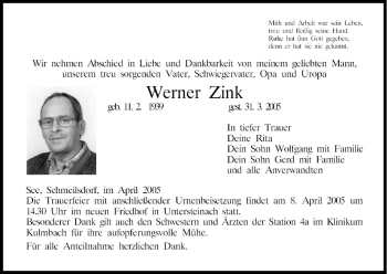 Anzeige von Werner Zink von MGO