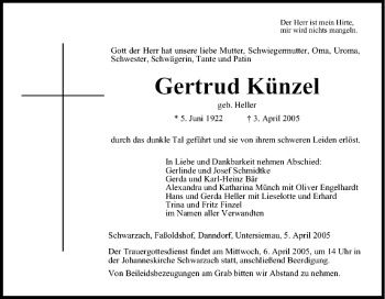 Anzeige von Gertrud Künzel von MGO