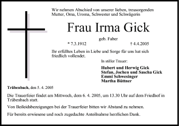 Anzeige von Irma Gick von MGO