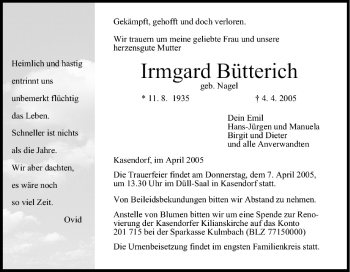 Anzeige von Irmgard Bütterich von MGO