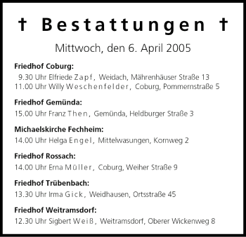 Anzeige von Bestattungen vom 06.04.2005 von MGO