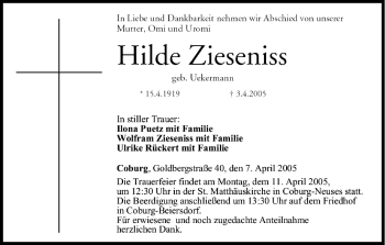Anzeige von Hilde Zieseniss von MGO