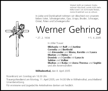 Anzeige von Werner Gehring von MGO