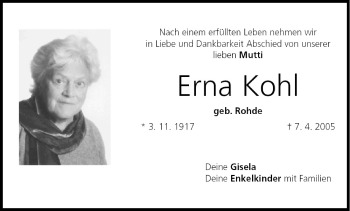 Anzeige von Erna Kohl von MGO