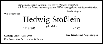 Anzeige von Hedwig Stößlein von MGO