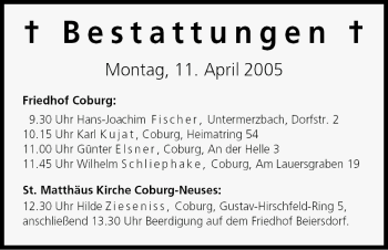 Anzeige von Bestattungen vom 11.04.2005 von MGO