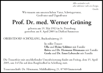 Anzeige von Werner Grüning von MGO
