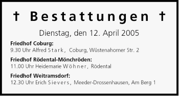 Anzeige von Bestattungen vom 12.04.2005 von MGO