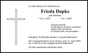 Anzeige von Frieda Dupke von MGO