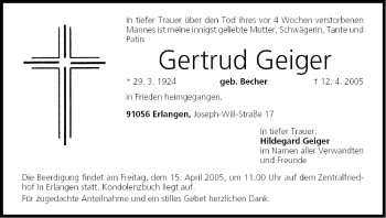 Anzeige von Gertrud Geiger von MGO