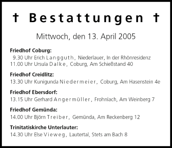 Anzeige von Bestattungen vom 13.04.2005 von MGO