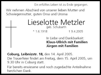 Anzeige von Lieselotte Metzler von MGO