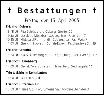 Anzeige von Bestattungen vom 15.04.2005 von MGO