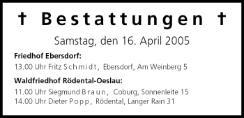 Anzeige von Bestattungen vom 16.04.2005 von MGO