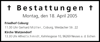 Anzeige von Bestattungen vom 18.04.2005 von MGO
