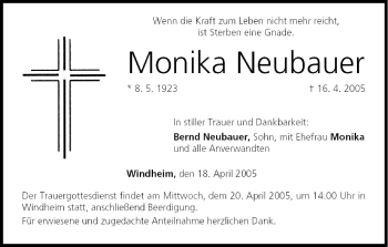 Anzeige von Monika Neubauer von MGO