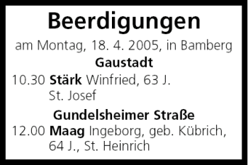 Anzeige von Beerdigungen vom 18.04.2005 von MGO