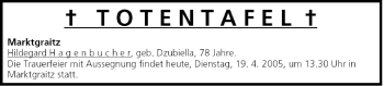 Anzeige von Totentafel vom 19.04.2005 von MGO