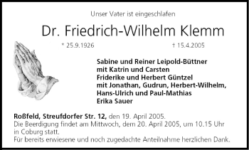 Anzeige von Friedrich-Wilhelm Klemm von MGO