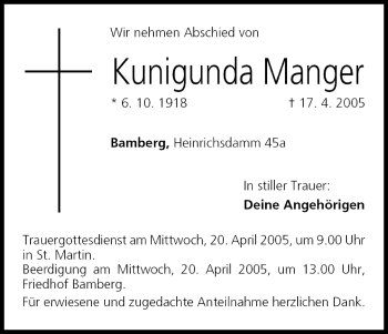Anzeige von Kunigunda Manger von MGO