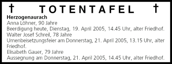 Anzeige von Totentafel vom 19.04.2005 von MGO