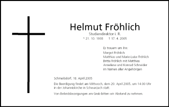 Anzeige von Helmut Fröhlich von MGO