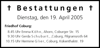 Anzeige von Bestattungen vom 19.04.2005 von MGO