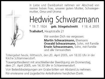 Anzeige von Hedwig Schwarzmann von MGO