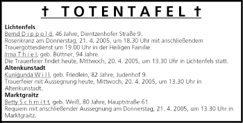 Anzeige von Totentafel vom 20.04.2005 von MGO