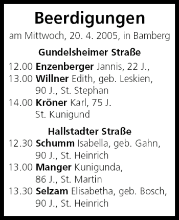 Anzeige von Beerdigungen vom 20.04.2005 von MGO