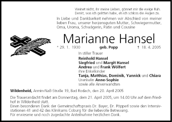 Anzeige von Marianne Hansel von MGO