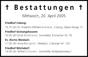 Anzeige von Bestattungen vom 20.04.2005 von MGO