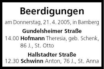 Anzeige von Beerdigungen vom 21.04.2005 von MGO