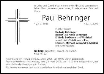 Anzeige von Paul Behringer von MGO