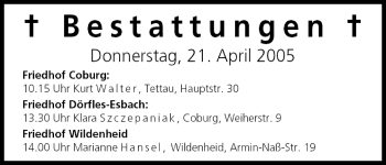 Anzeige von Bestattungen vom 21.04.2005 von MGO