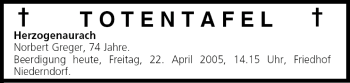 Anzeige von Totentafel vom 22.04.2005 von MGO
