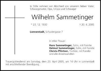 Anzeige von Wilhelm Sammetinger von MGO