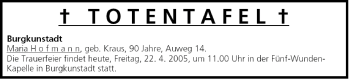 Anzeige von Totentafel vom 22.04.2005 von MGO