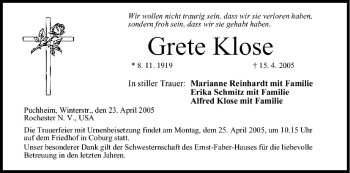 Anzeige von Grete Klose von MGO