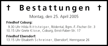 Anzeige von Bestattungen vom 25.04.2005 von MGO