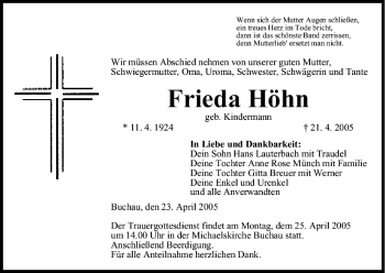 Anzeige von Frieda Höhn von MGO