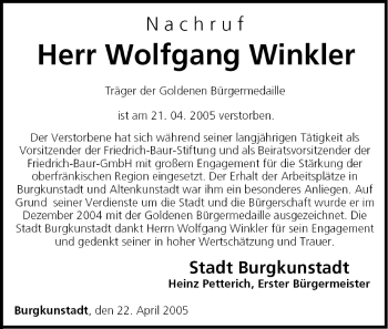 Anzeige von Wolfgang Winkler von MGO
