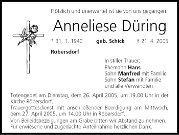Anzeige von Anneliese Düring von MGO