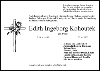 Anzeige von Edith Ingeborg Kohoutek von MGO