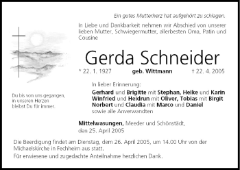 Anzeige von Gerda Schneider von MGO